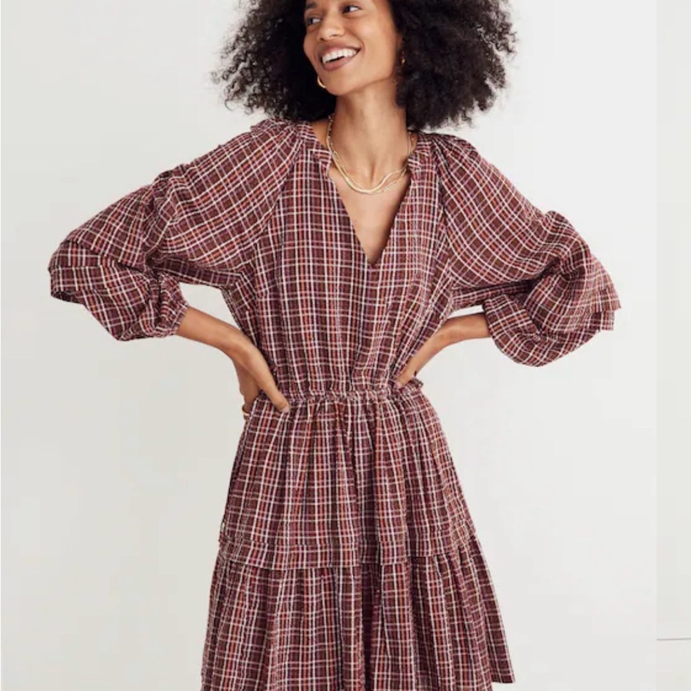 Madewell Seersucker Wrap Midi Dress In Dark Merlot Plaid Boho Lightweight Sz L
